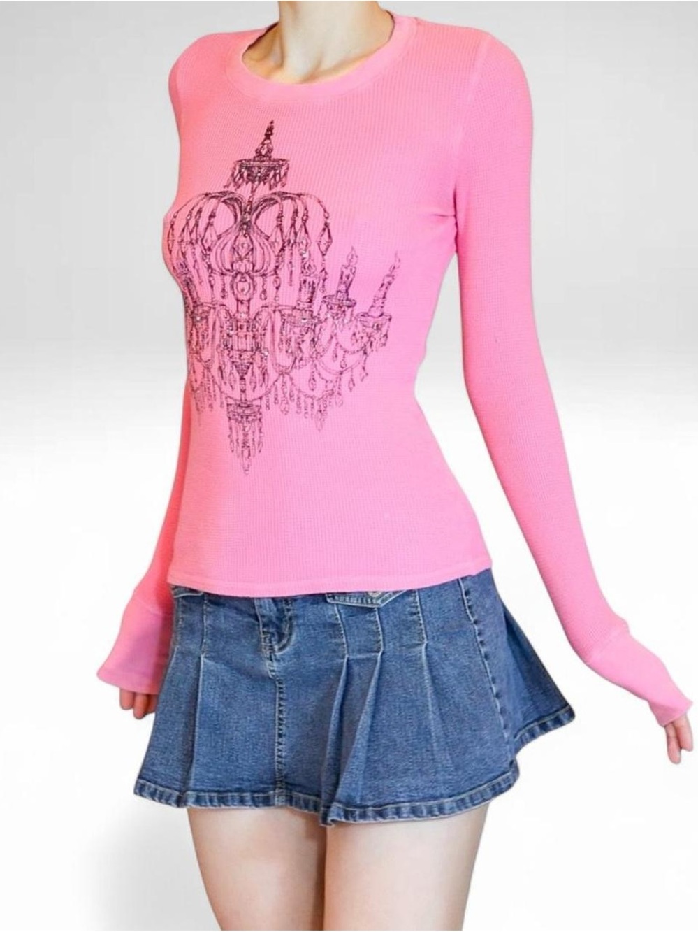 Y2K Pink Rhinestone Thermal Top Yvette Mandell Graphic Long Sleeve Women’s S